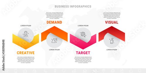 Vector business process. Modern timeline infographics with four options, circles, steps. Graphic vector template with 4 icons