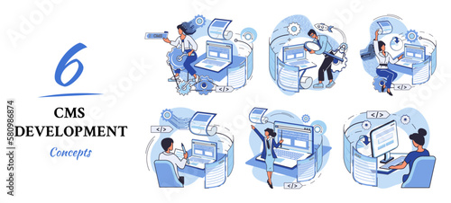 Digital content management system, CMS development software metaphor. Information system or computer program enable organize collaborative process of creating, editing and managing soft in network