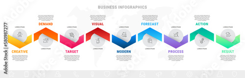 Vector business process. Modern timeline infographics with nine options, circles, steps. Graphic vector template with 9 icons