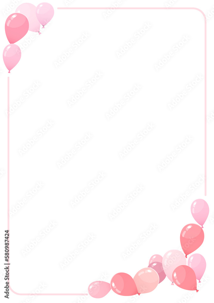 frame with decoration of party balloons in red and pink tones in vertical format to include in documents or posters