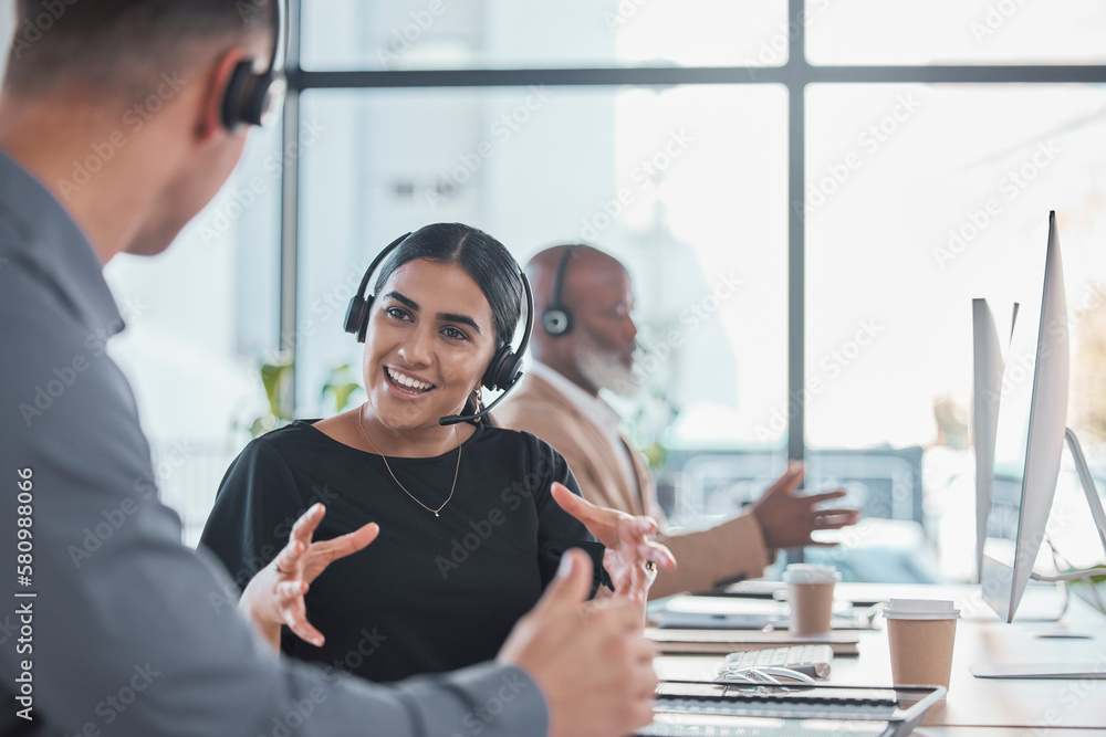 Break, teamwork or people in call center talking in communications company workplace together. Crm customer services, help desk or happy sales agents, consultants or friends relax and chat in office