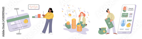 Budget plan concept. Evaluates income and expenses, analyzes investments and savings. Financial literacy and economics, accounting. Planning and distribution of money. Income and expenses report
