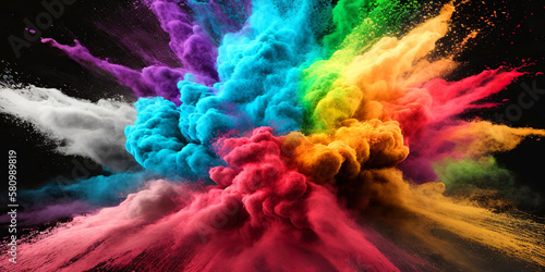 An explosion of colored powder highlighted on a black background. Generative AI. Abstract color background. photo