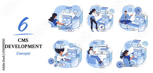 Digital content management system, CMS development software metaphor. Information system or computer program enable organize collaborative process of creating, editing and managing soft in network