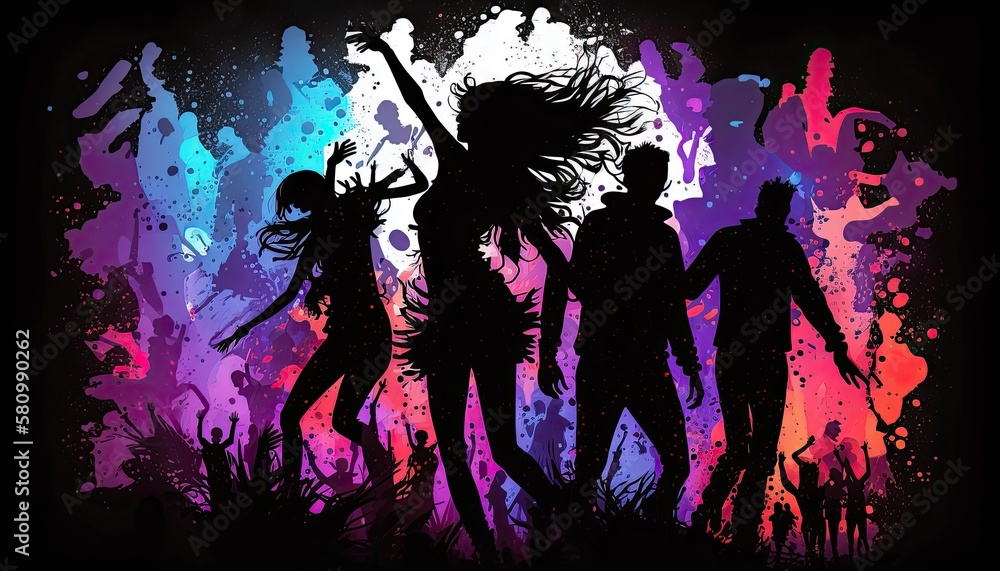 Euphoric celebration of life with partygoers in a vibrant nightclub on dark background. Generative AI Euphoric celebration of life with partygoers in a vibrant nightclub on dark background. Generative AI