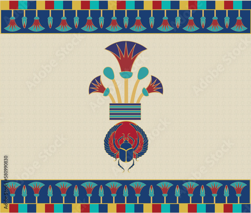 Ancient Egyptian ornament for sacred Scarab wings and  with louts flowers  Symbol - illustration Vector  with ancient Egyptian colors palette