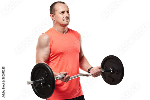 Mature man doing fitness workout with barbell