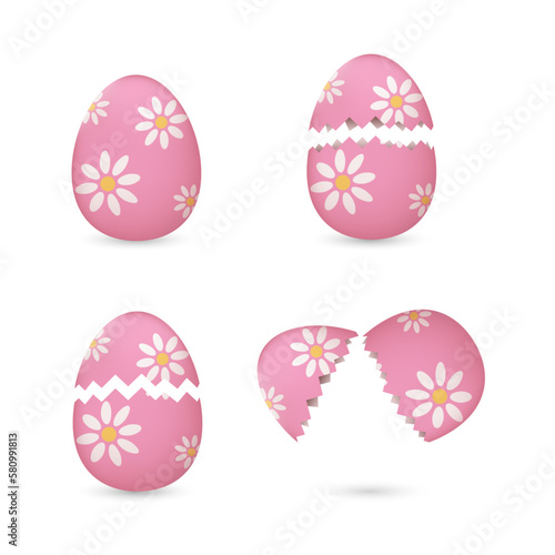Cracked easter eggs painted with flowers set