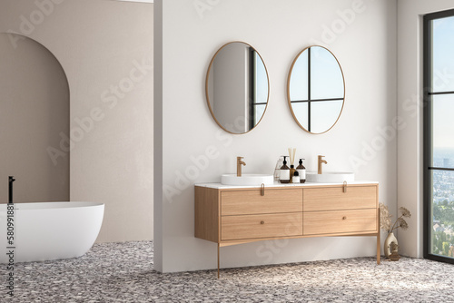 Bright bathroom interior with double sink and mirror, terrazzo floor, bathtub, plants. Bathing accessories and modern furniture. 3D rendering