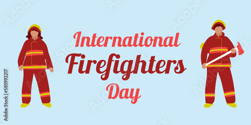 International firefighter day poster vector template. Professional holiday celebration. Brochure, cover, booklet page concept design with flat illustrations. Advertising flyer, leaflet, banner layout