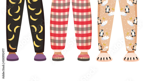 Set of legs in pajamas and slippers on a white background. Invitation. Vector stock illustration. isolated. Party. Abstract trend background.