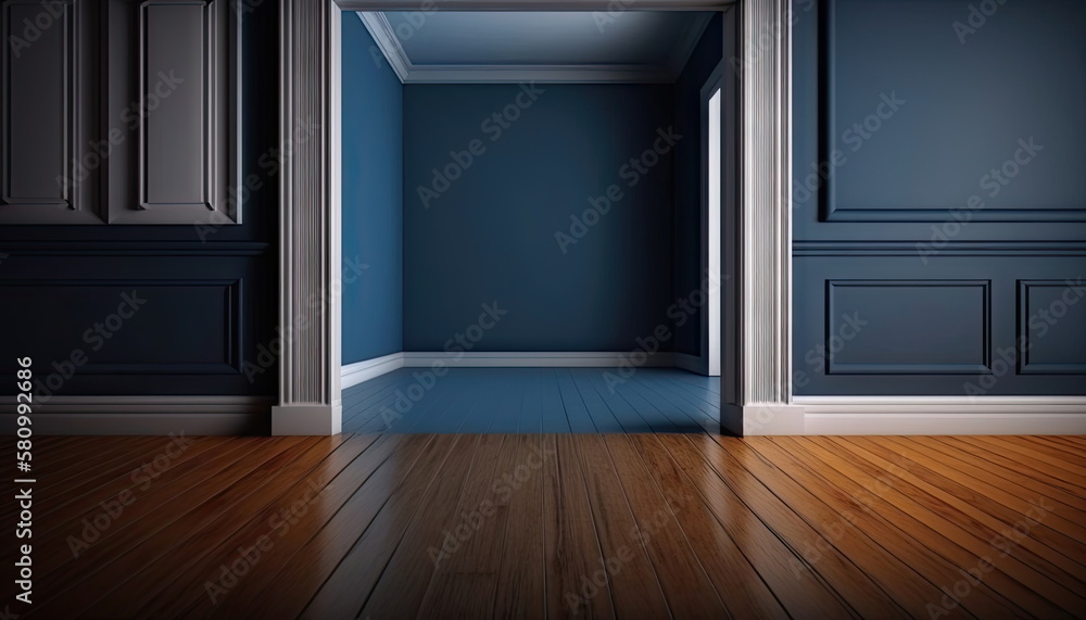 wooden floor and dark blue wall, empty room wooden floor and dark blue wall, empty room