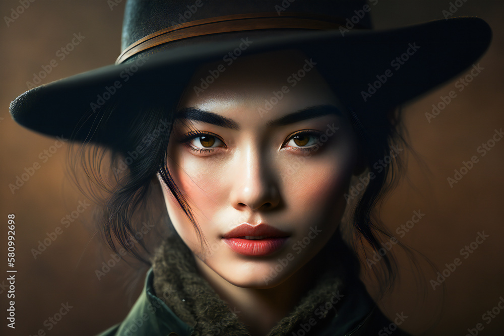 Beautiful young woman wearing a hat in wilderness. Created with Generative AI technology. Beautiful young woman wearing a hat in wilderness. Created with Generative AI technology.