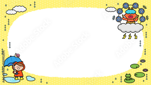 イラストフレーム　雨の日　雷様と子ども.