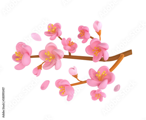 3D icon render spring Cherry Blossom Sakura branch illustration. Simple and cute petal isolated on white background with clipping path