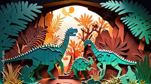 Papercut Dinosaur Cutout Silhouette Prehistoric Woods Illustration Design. Generative AI.