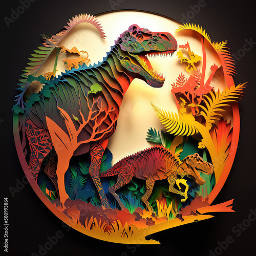 Papercut Dinosaur Silhouette Prehistoric Forest Illustration Design Vivid Layered Generative AI. © Yevhen