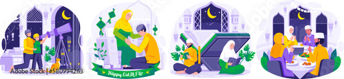 Illustration Set of Ramadan concept with Muslim People greeting and celebrating Ramadan Kareem and Eid Mubarak. Greeting Each other and apologizing. Iftar Party. Looking for Hilal or New Moon