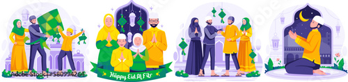 Illustration Set of Ramadan concept with Muslim People greeting and celebrating Ramadan Kareem and Eid Mubarak. Greeting Each other and apologizing. Man Praying on Night of Ramadan