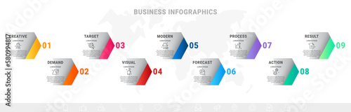 Vector arrows business infographics. Modern timeline template with nine options, steps, icons. Simple graphic flowchart template