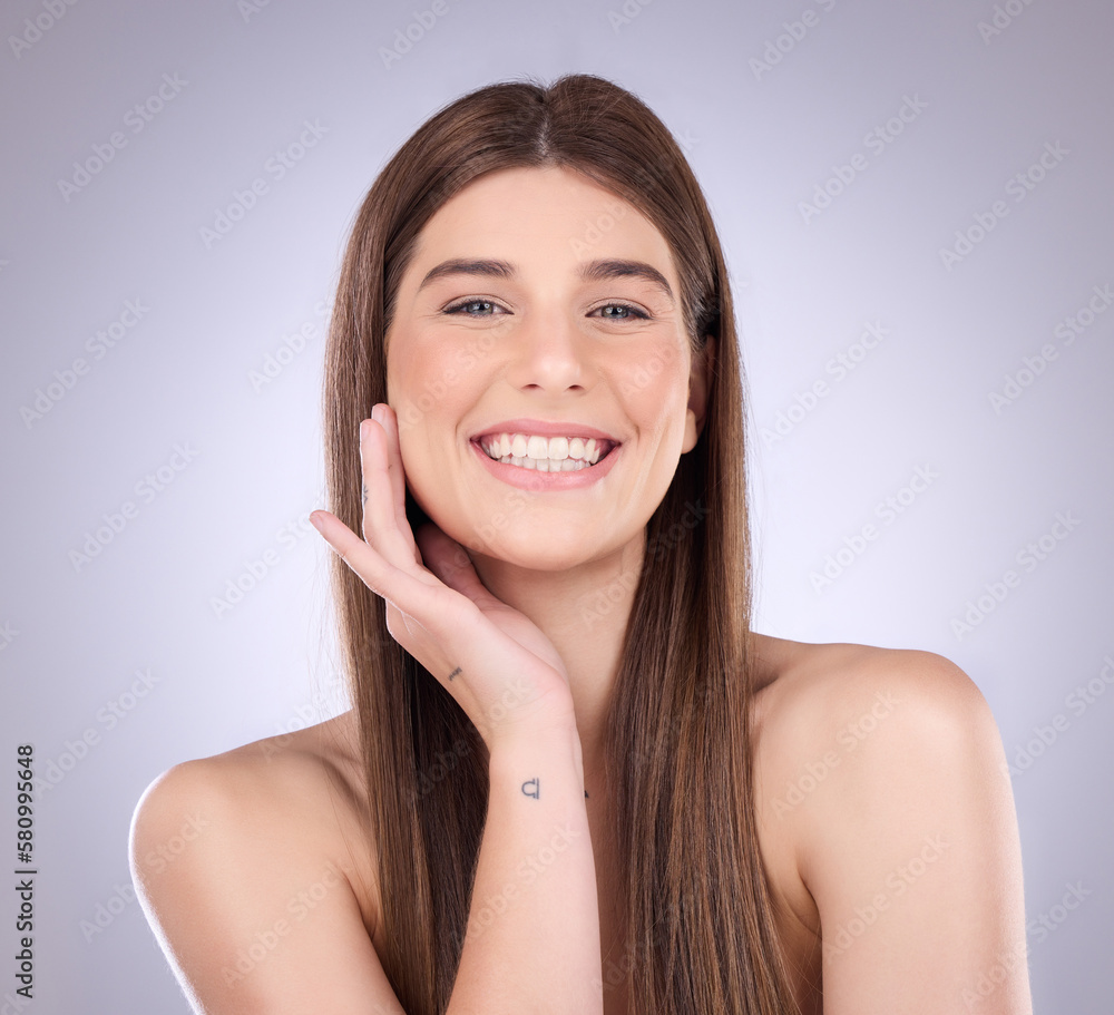 Face portrait, smile and hair care of a woman in studio isolated on a background. Natural cosmetics, growth and beauty of female model with salon treatment for healthy keratin, balayage and hairstyle