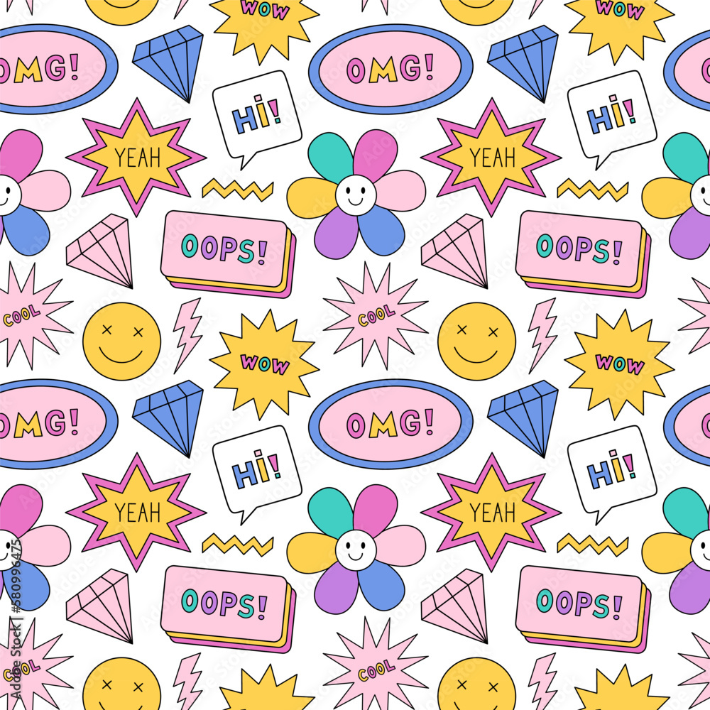 Bright seamless pattern in the style of the 90s. Colorful diamonds, smile faces, stars, lightning, speech bubbles on white background. Nostalgia for the 1990s. Funny cool print.