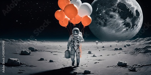 Obraz na płótnie Astronaut on the moon holding balloons. Generative AI.