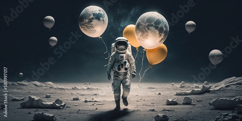 Fototapeta Astronaut on the moon holding balloons. Generative AI.