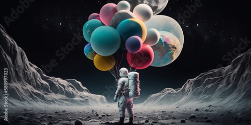 Fényképezés Astronaut on the moon holding balloons. Generative AI.