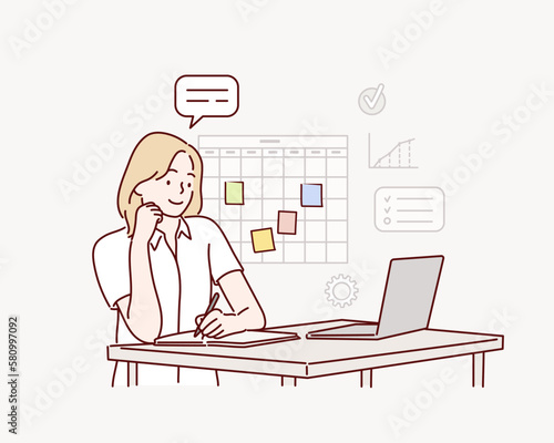 woman working in office. Hand drawn style vector design illustrations.