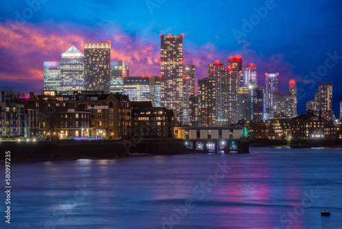 Panoramic view of the city of London with the skyscrapers at night