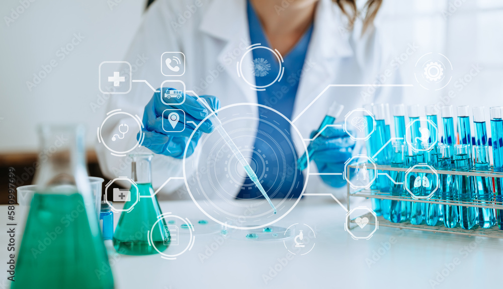 DNA molecule testing concepts. The doctor in a mask examines DNA molecules on the chemical laboratory with vr icon DNA molecule testing concepts. The doctor in a mask examines DNA molecules on the chemical laboratory with vr icon