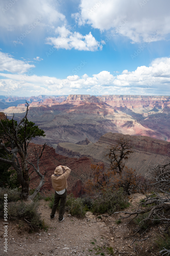 Obraz premium Young girl with sweatshirt and hoodie taking pictures in the nature of the Grand Canyon