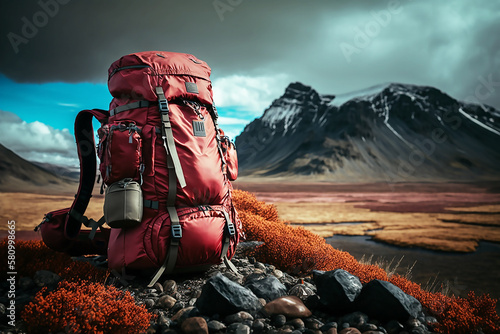 a large tourist backpack close-up stands in a field against the backdrop of mountains, generative AI tools. 