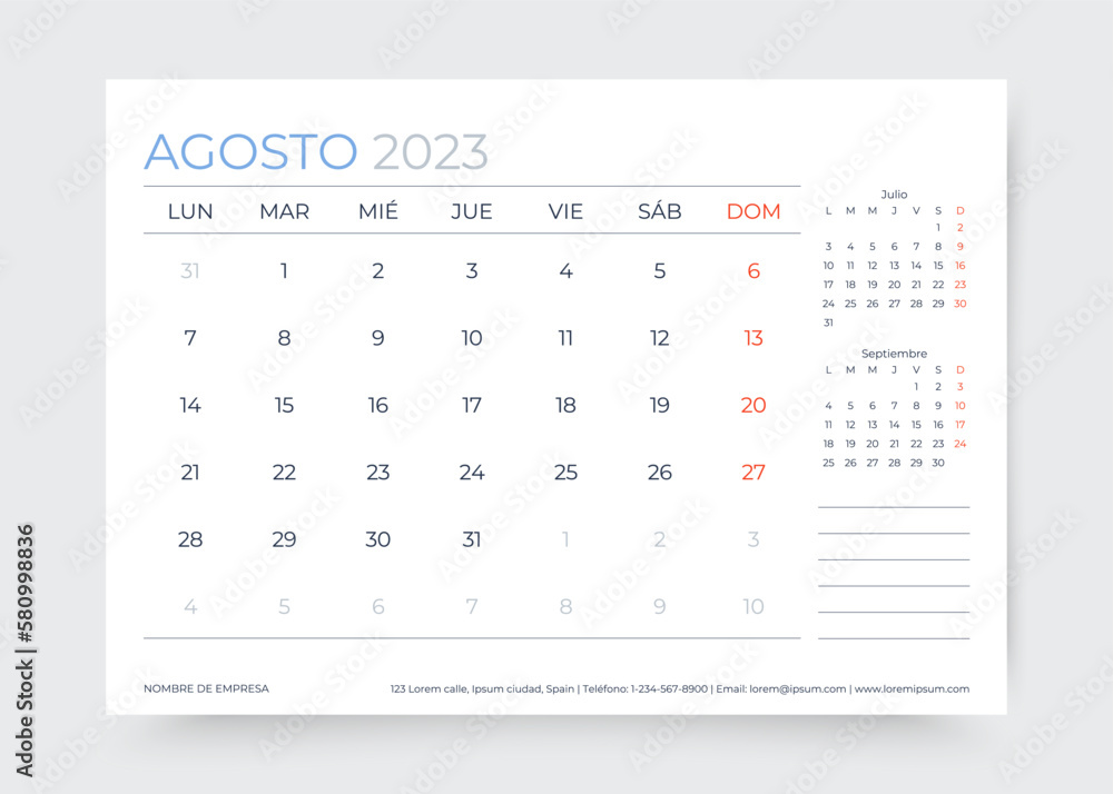 August 2023 year calendar in Spanish. Planner calender template. Week starts Monday. Desk monthly organizer. Timetable layout. Corporate diary. Table schedule grid. Vector illustration. Paper size A5 August 2023 year calendar in Spanish. Planner calender template. Week starts Monday. Desk monthly organizer. Timetable layout. Corporate diary. Table schedule grid. Vector illustration. Paper size A5