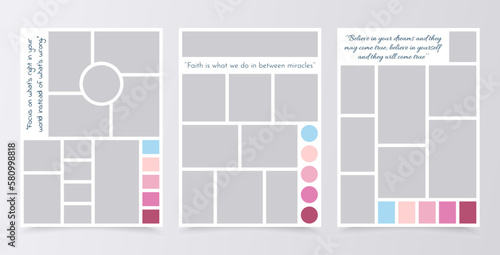 Mood board template. Collage grids. Moodboard background. Photomontage pictures layout. Set mosaic frames. Album scrapbook design. Vertical mockup with colour palette and quote. Vector illustration