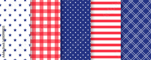 Patriotic seamless pattern. 4th July backgrounds. Happy independence textures. Set of holiday geometric prints with stars, stripes, polka dot and plaid. Modern endless wallpaper. Vector illustration.