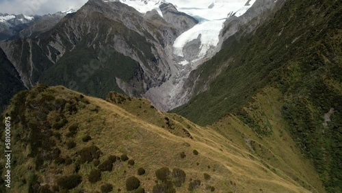 Franz Josef Glacier, famous tourist attraction on West Coast, New Zealand - aerial drone