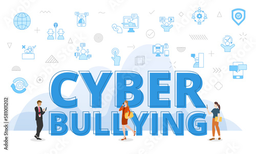 cyber bullying concept with big words and people surrounded by related icon with blue color style
