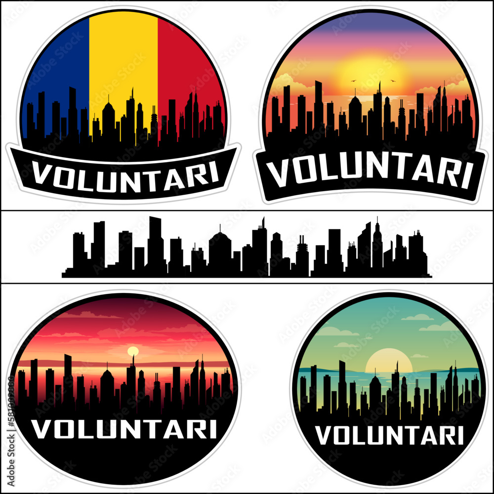 Voluntari Skyline Silhouette Romania Flag Travel Souvenir Sticker Sunset Background Vector Illustration SVG EPS AI