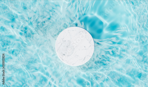 Top view of marble podium stand in swimming pool water mockup. Summer tropical background for luxury product placement.