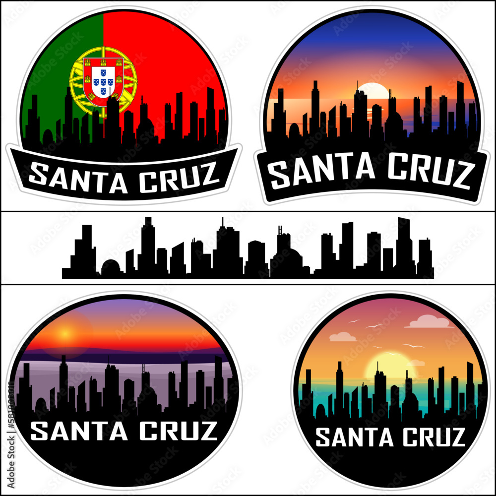 Santa Cruz Skyline Silhouette Portugal Flag Travel Souvenir Sticker Sunset Background Vector Illustration SVG EPS AI