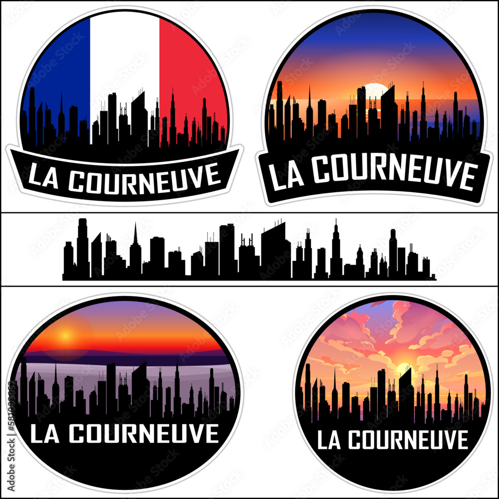 La Courneuve Skyline Silhouette France Flag Travel Souvenir Sticker Sunset Background Vector Illustration SVG EPS AI