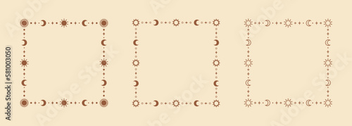 Mystic celestial square frame with sun, stars, moon phases, crescents and copy space. Ornate bohemian magical background collection.
