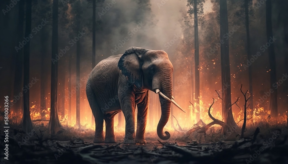 Fototapeta premium elephant in a burning forest