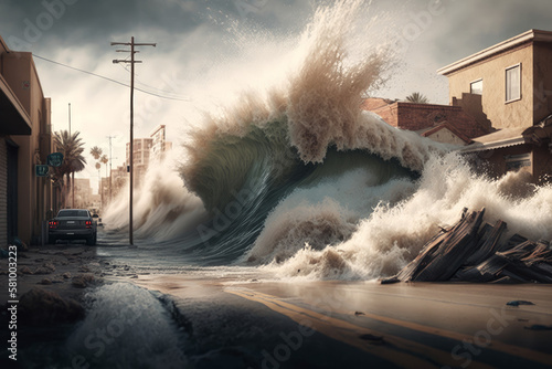 Devastation from a Tsunami Wave illustrated, AI Generative © Bo Dean