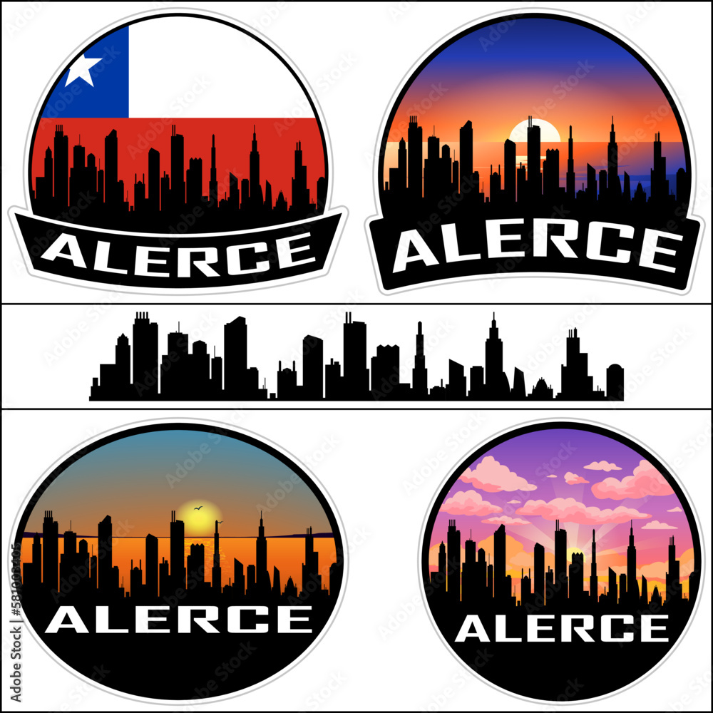 Alerce Skyline Silhouette Chile Flag Travel Souvenir Sticker Sunset Background Vector Illustration SVG EPS AI