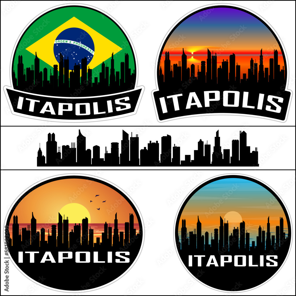 Itapolis Skyline Silhouette Brazil Flag Travel Souvenir Sticker Sunset Background Vector Illustration SVG EPS AI
