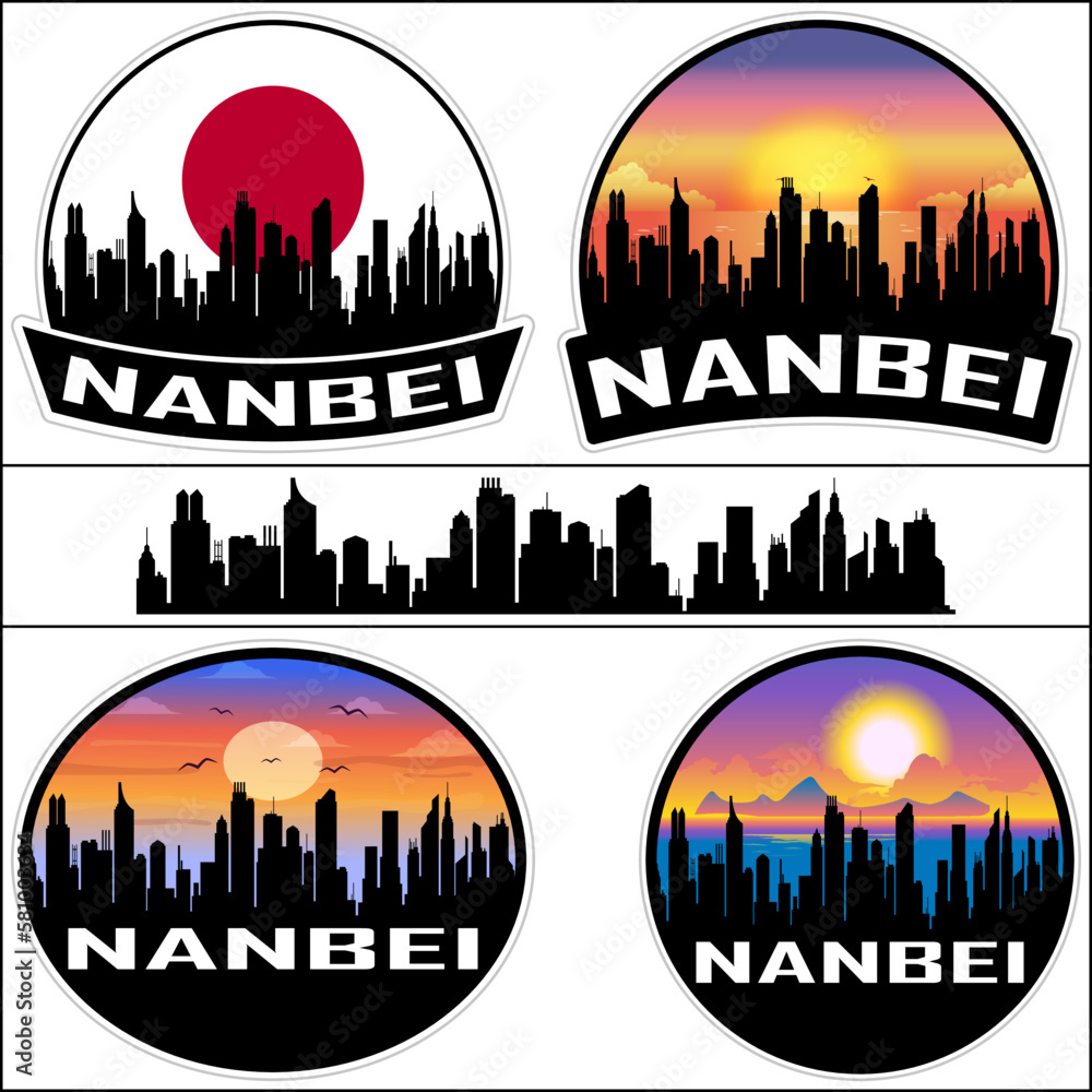 Nanbei Skyline Silhouette Japan Flag Travel Souvenir Sticker Sunset Background Vector Illustration SVG EPS AI