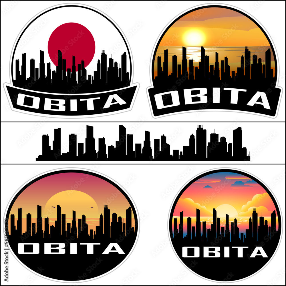Obita Skyline Silhouette Japan Flag Travel Souvenir Sticker Sunset Background Vector Illustration SVG EPS AI